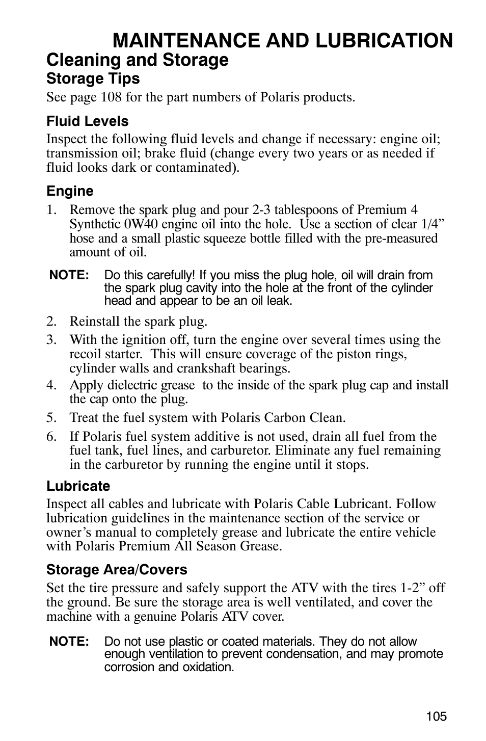 Maintenance and lubrication, Cleaning and storage | Polaris Magnum 330 2x4 User Manual | Page 108 / 126