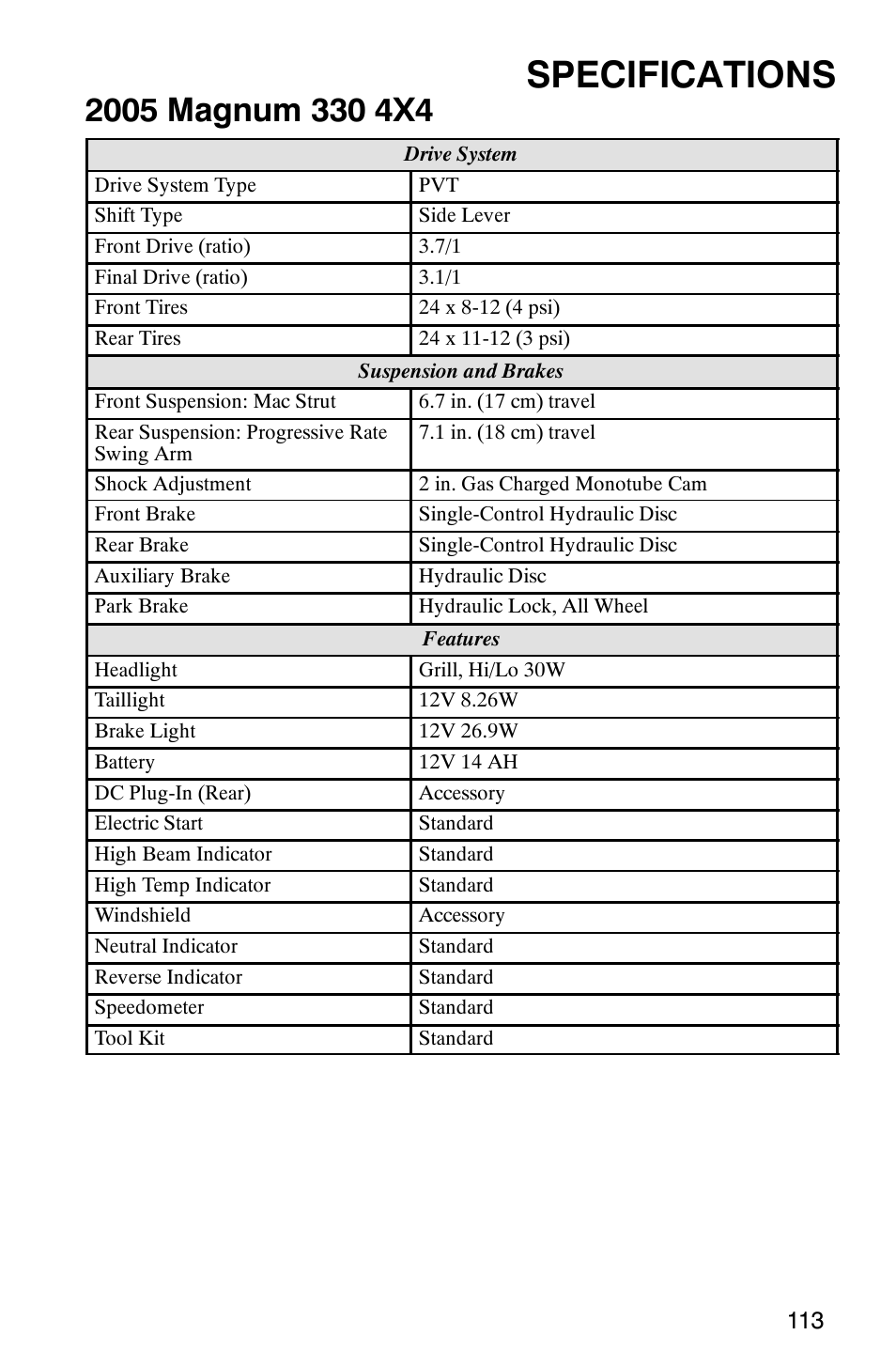 Specifications | Polaris Magnum 330 2x4 User Manual | Page 116 / 126