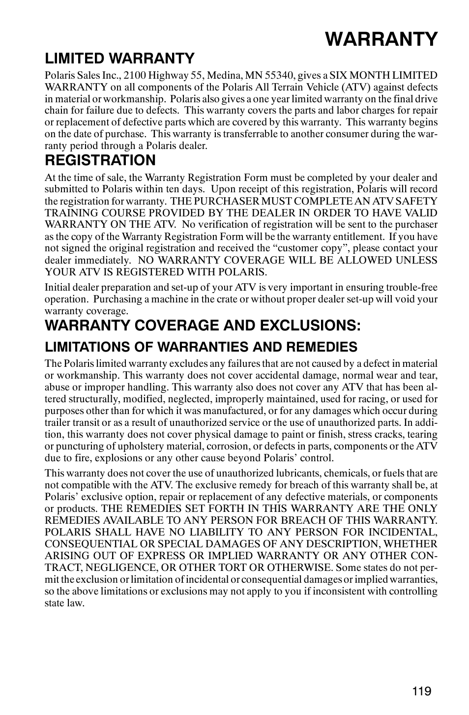 Warranty, Limited warranty, Registration | Warranty coverage and exclusions, Limitations of warranties and remedies | Polaris Magnum 330 2x4 User Manual | Page 122 / 126