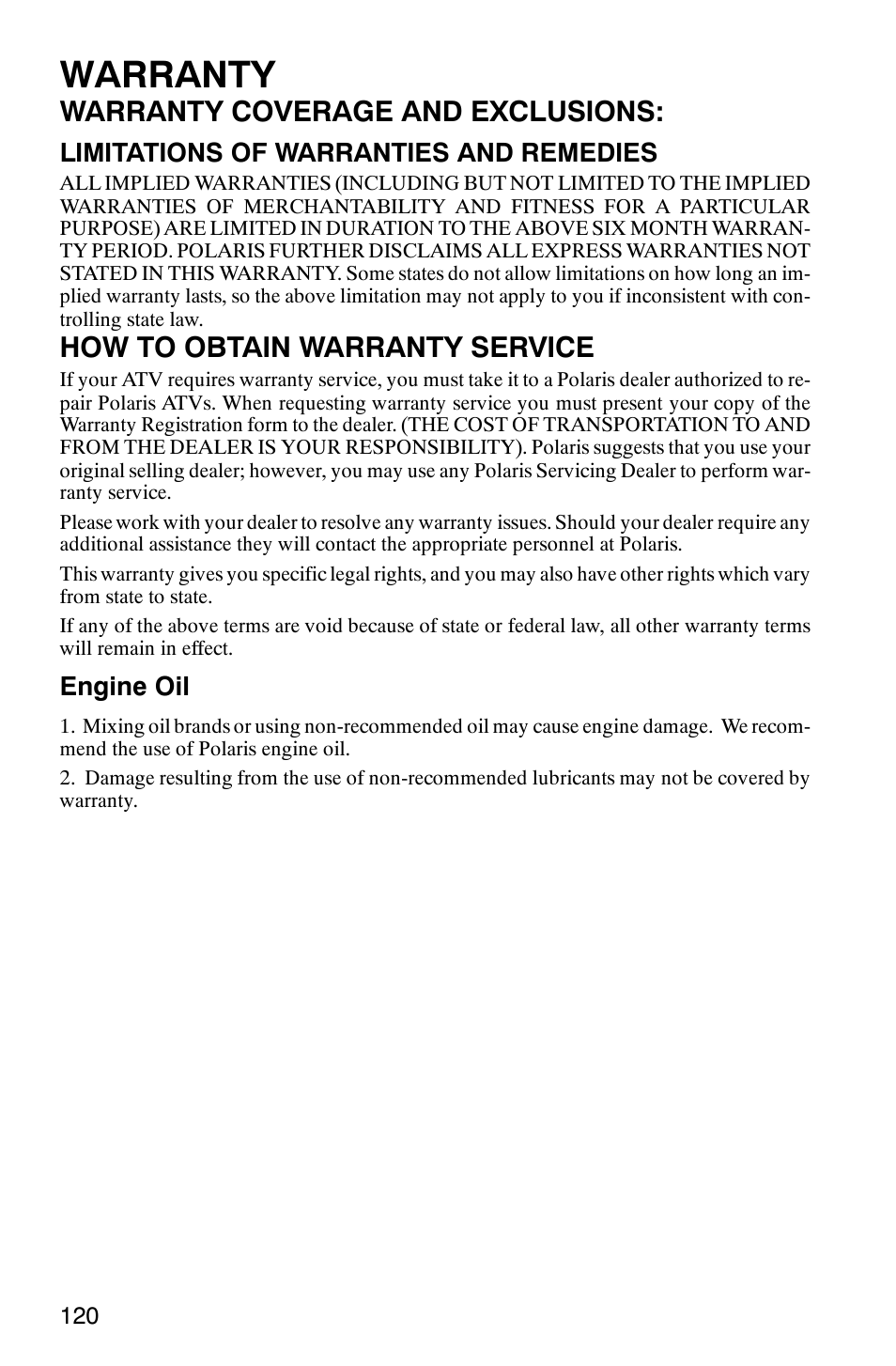 Warranty, Warranty coverage and exclusions, How to obtain warranty service | Polaris Magnum 330 2x4 User Manual | Page 123 / 126