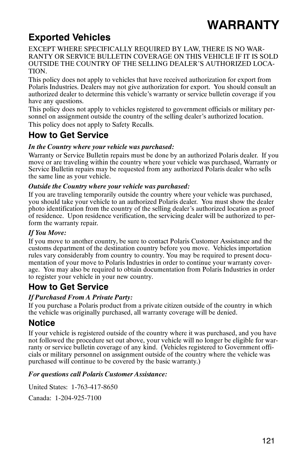 Warranty, Exported vehicles, How to get service | Notice | Polaris Magnum 330 2x4 User Manual | Page 124 / 126