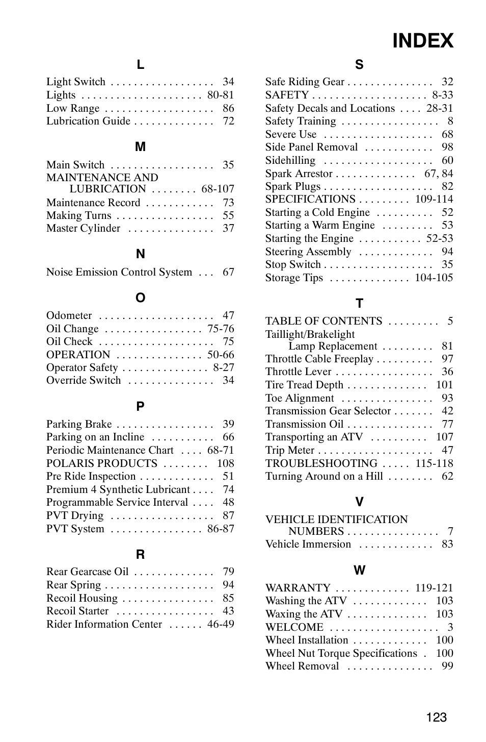 Index | Polaris Magnum 330 2x4 User Manual | Page 126 / 126