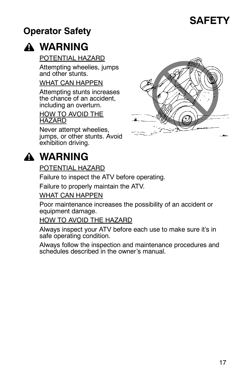 Safety, Warning, Operator safety | Polaris Magnum 330 2x4 User Manual | Page 20 / 126