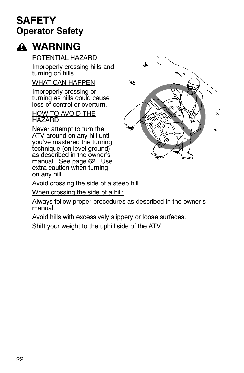 Safety, Warning, Operator safety | Polaris Magnum 330 2x4 User Manual | Page 25 / 126