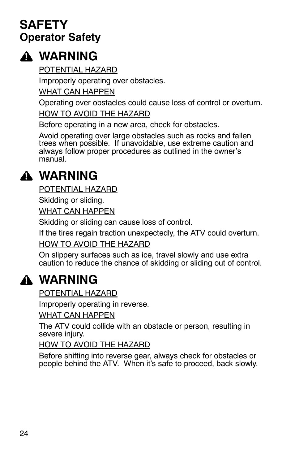 Safety, Warning, Operator safety | Polaris Magnum 330 2x4 User Manual | Page 27 / 126