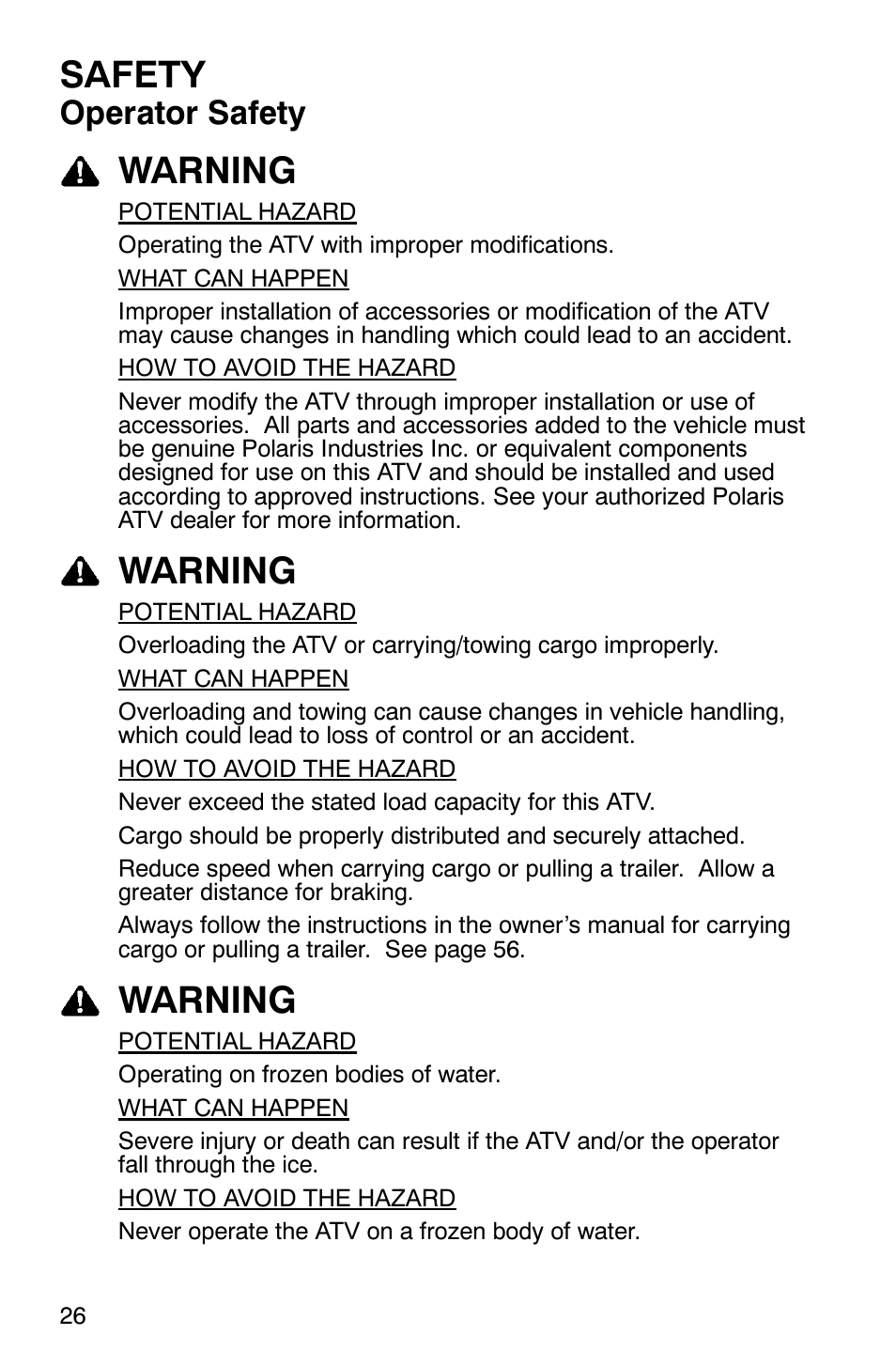 Safety, Warning, Operator safety | Polaris Magnum 330 2x4 User Manual | Page 29 / 126