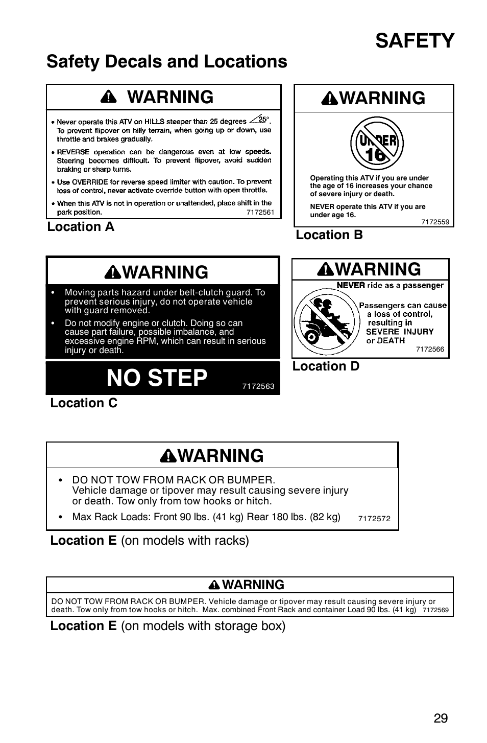 No step, Safety, Safety decals and locations | Warning | Polaris Magnum 330 2x4 User Manual | Page 32 / 126
