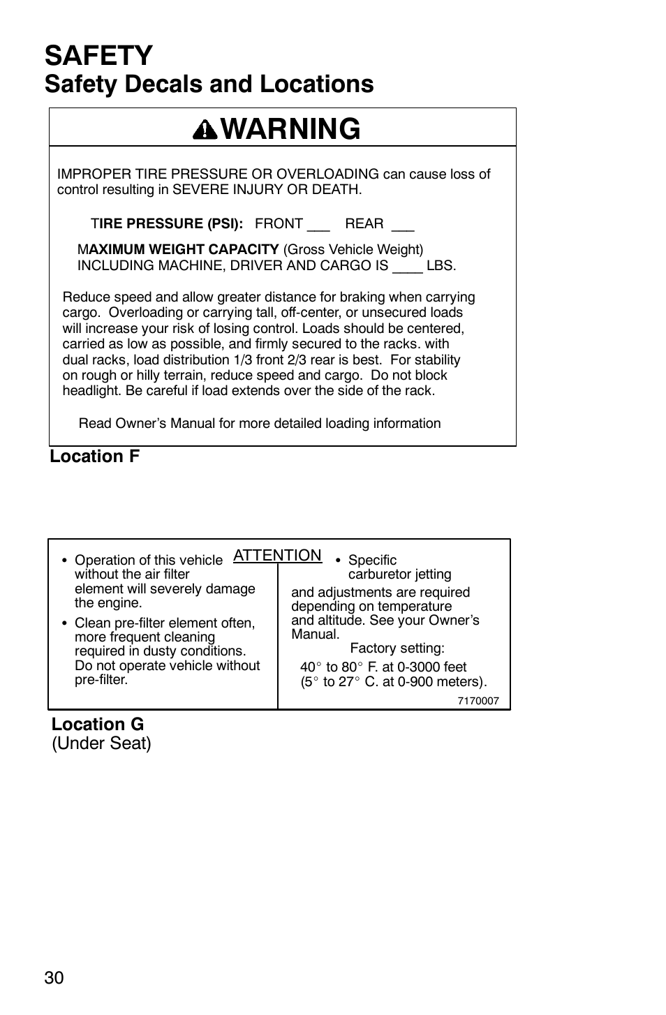 Warning, Safety, Safety decals and locations | Location f location g (under seat) | Polaris Magnum 330 2x4 User Manual | Page 33 / 126