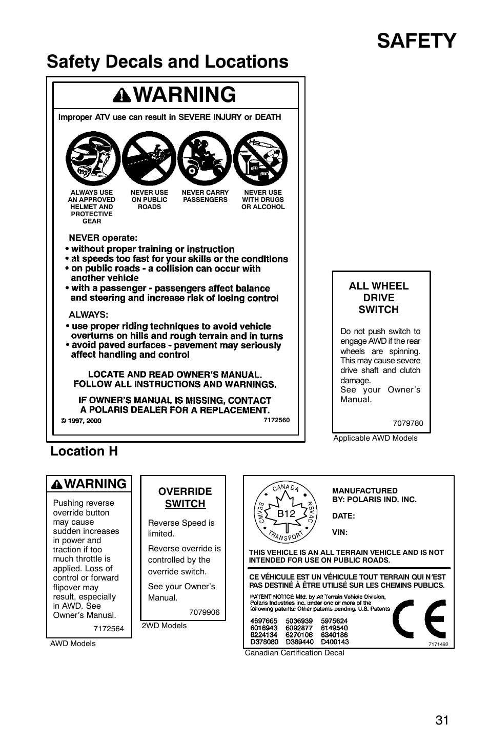 Warning, Safety, Safety decals and locations | Location h | Polaris Magnum 330 2x4 User Manual | Page 34 / 126