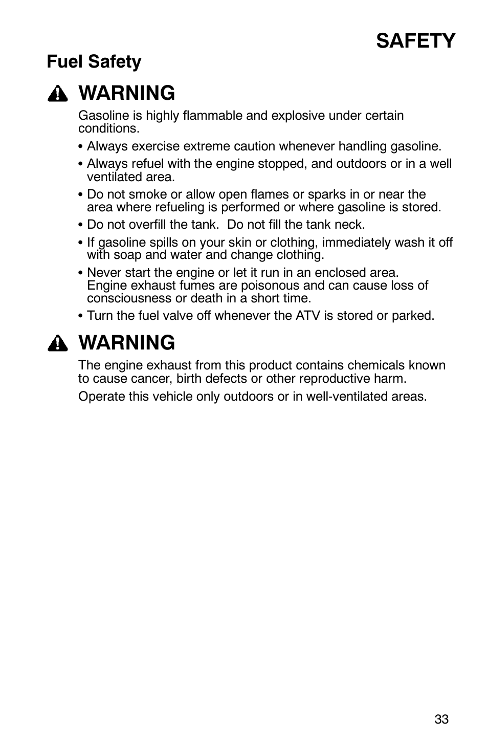 Safety, Warning, Fuel safety | Polaris Magnum 330 2x4 User Manual | Page 36 / 126