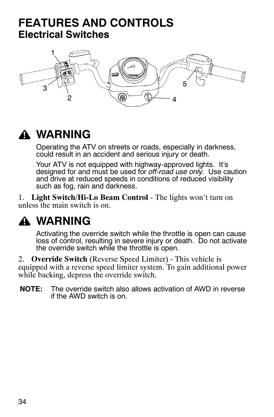 Features and controls, Warning, Electrical switches | Polaris Magnum 330 2x4 User Manual | Page 37 / 126