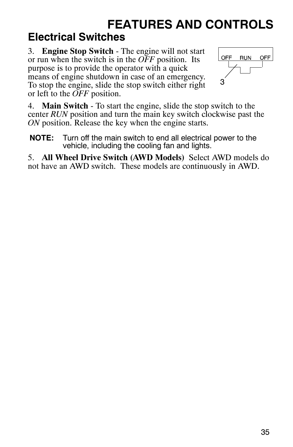 Features and controls, Electrical switches | Polaris Magnum 330 2x4 User Manual | Page 38 / 126