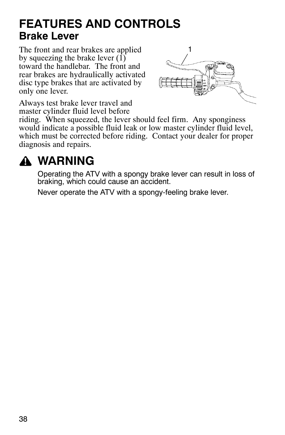 Features and controls, Warning, Brake lever | Polaris Magnum 330 2x4 User Manual | Page 41 / 126