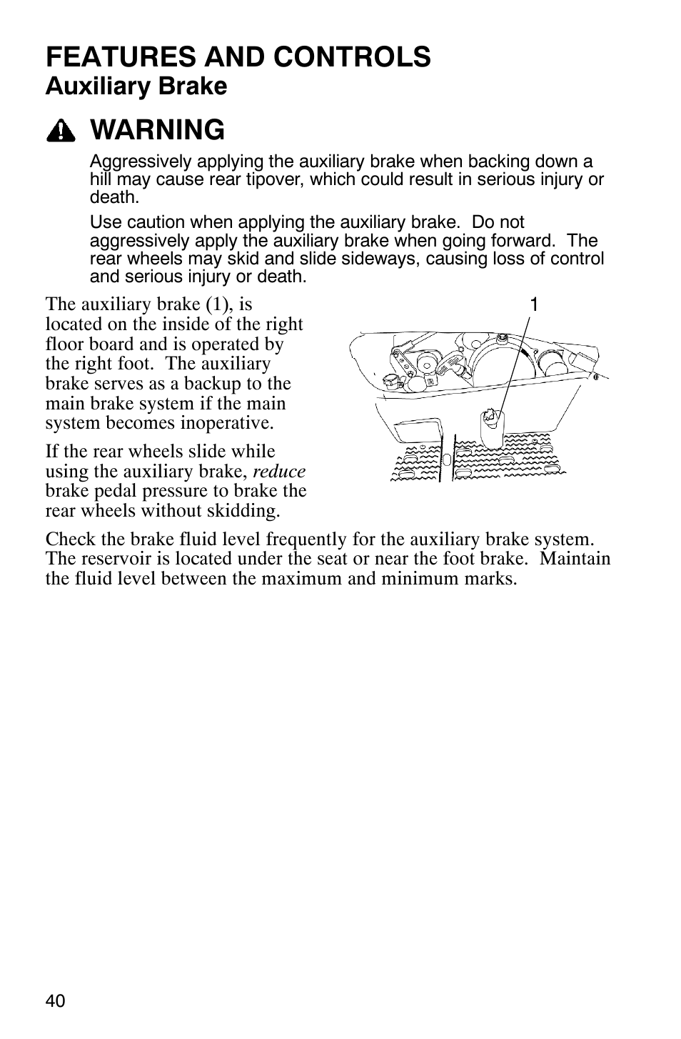 Features and controls, Warning, Auxiliary brake | Polaris Magnum 330 2x4 User Manual | Page 43 / 126