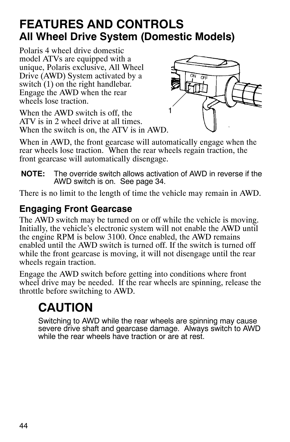 Features and controls, Caution, All wheel drive system (domestic models) | Polaris Magnum 330 2x4 User Manual | Page 47 / 126