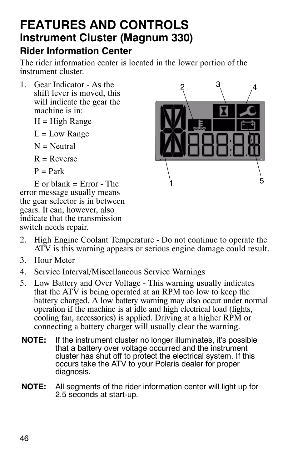 Features and controls, Instrument cluster (magnum 330) | Polaris Magnum 330 2x4 User Manual | Page 49 / 126