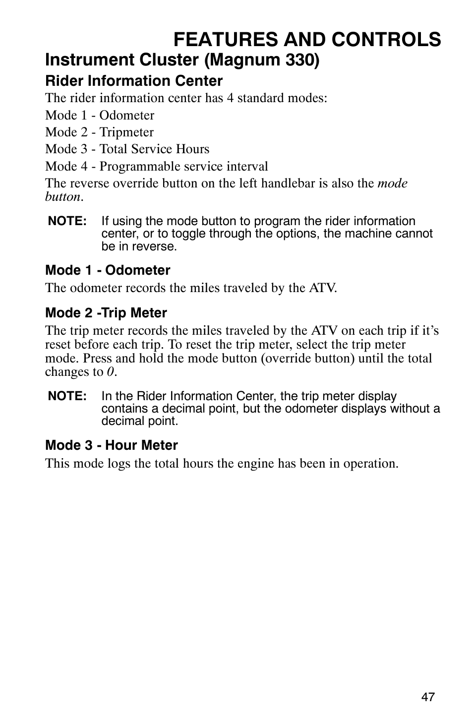 Features and controls, Instrument cluster (magnum 330) | Polaris Magnum 330 2x4 User Manual | Page 50 / 126