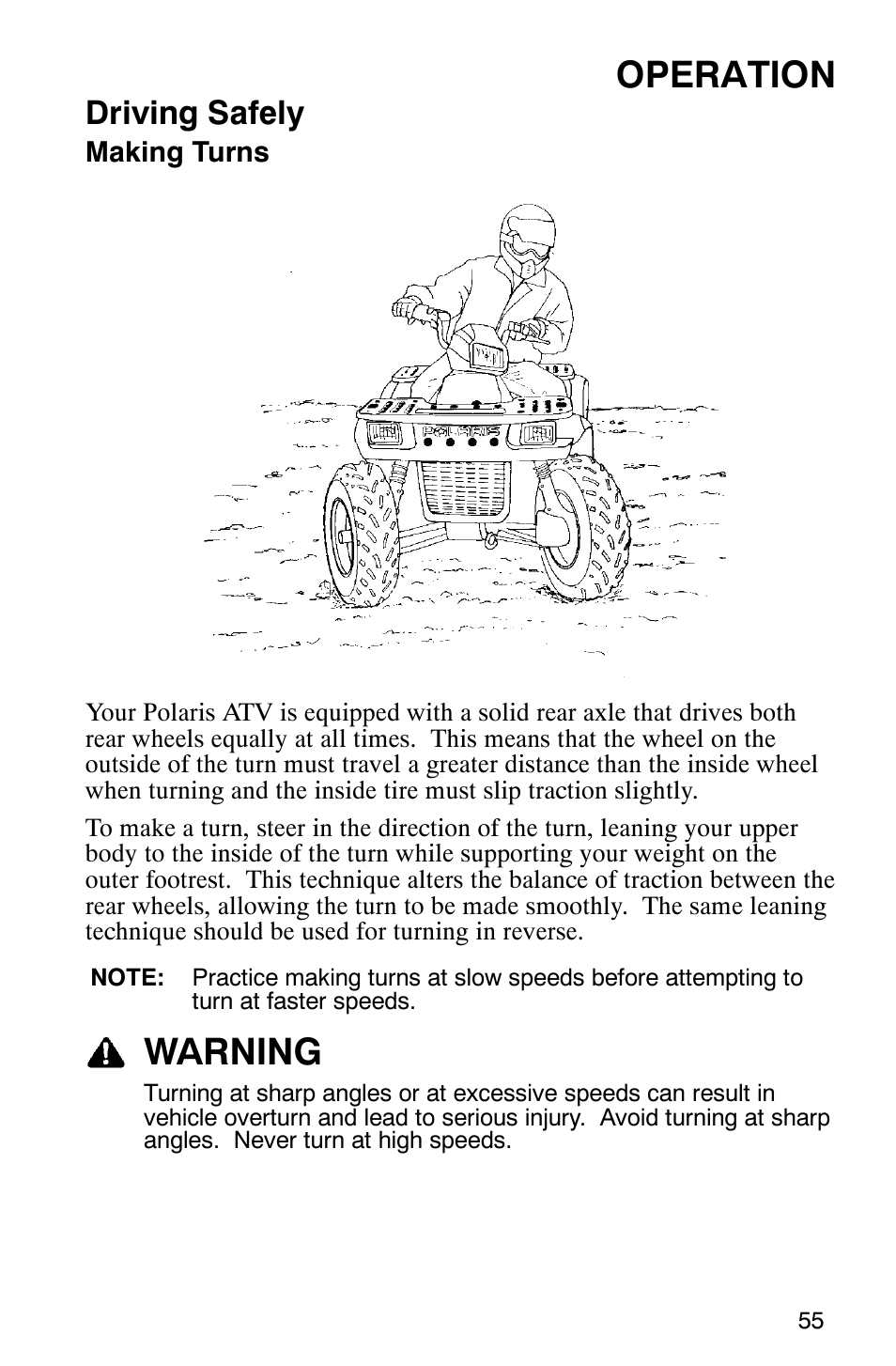 Operation, Warning, Driving safely | Polaris Magnum 330 2x4 User Manual | Page 58 / 126