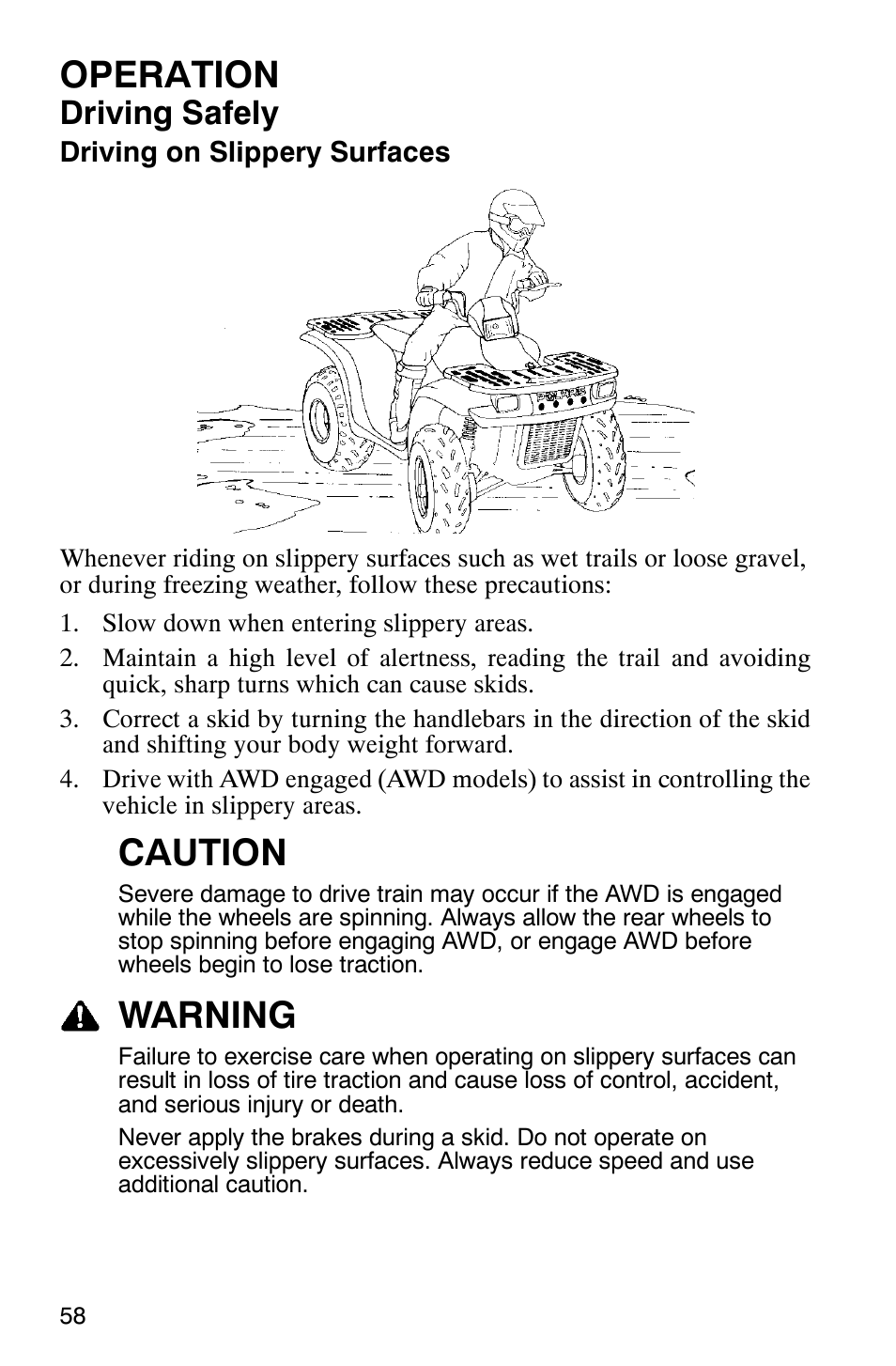 Operation, Caution, Warning | Driving safely | Polaris Magnum 330 2x4 User Manual | Page 61 / 126