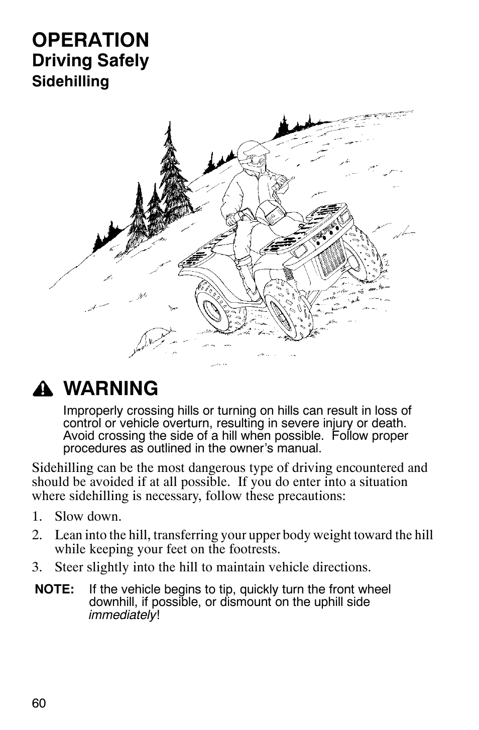 Operation, Warning, Driving safely | Polaris Magnum 330 2x4 User Manual | Page 63 / 126