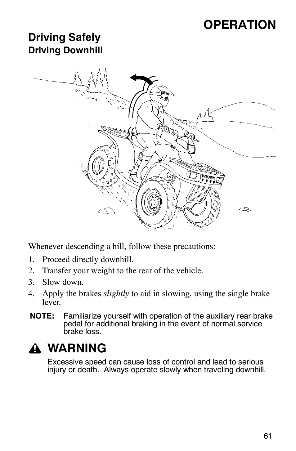 Operation, Warning, Driving safely | Polaris Magnum 330 2x4 User Manual | Page 64 / 126
