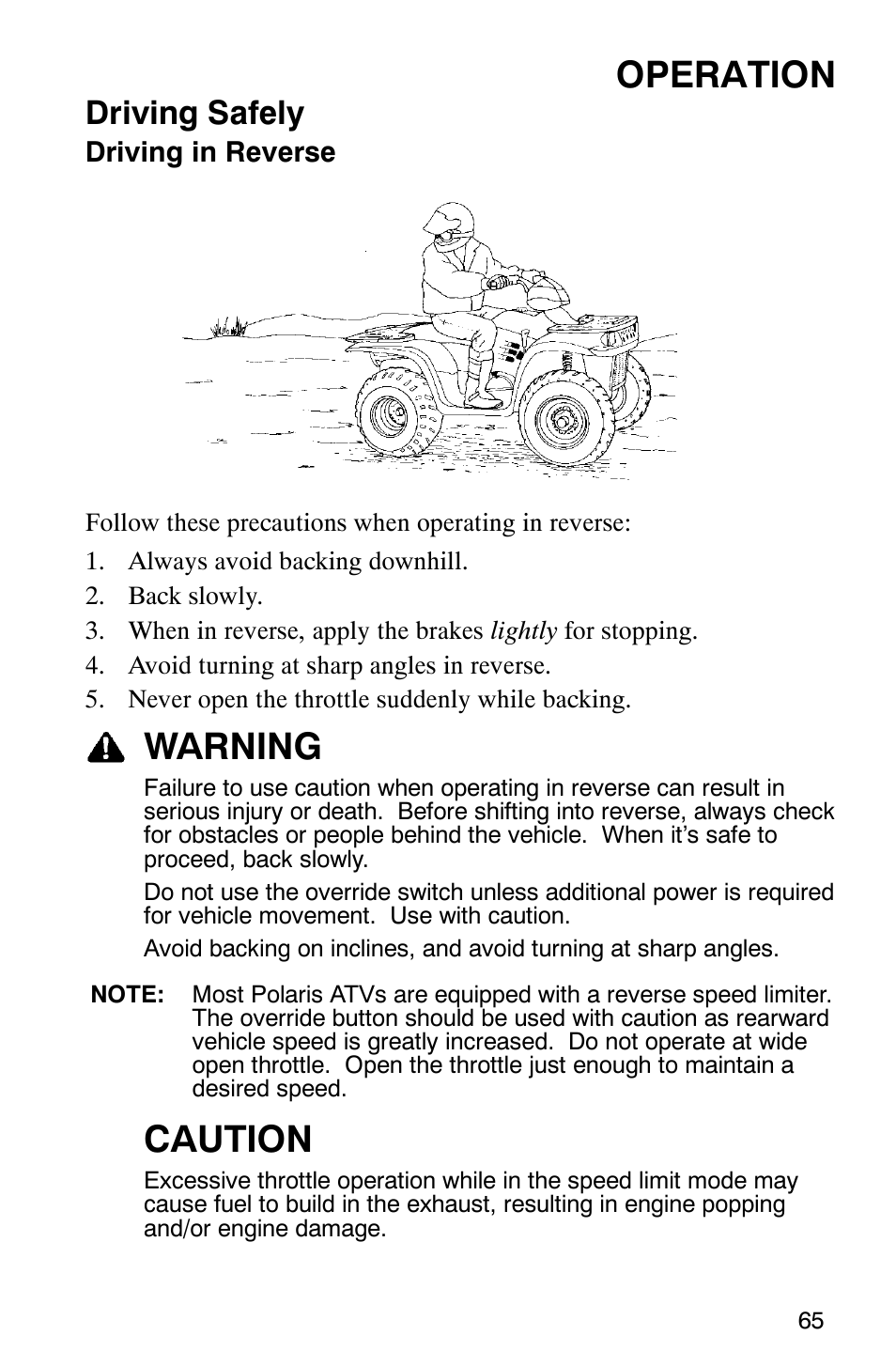 Operation, Warning, Caution | Driving safely | Polaris Magnum 330 2x4 User Manual | Page 68 / 126