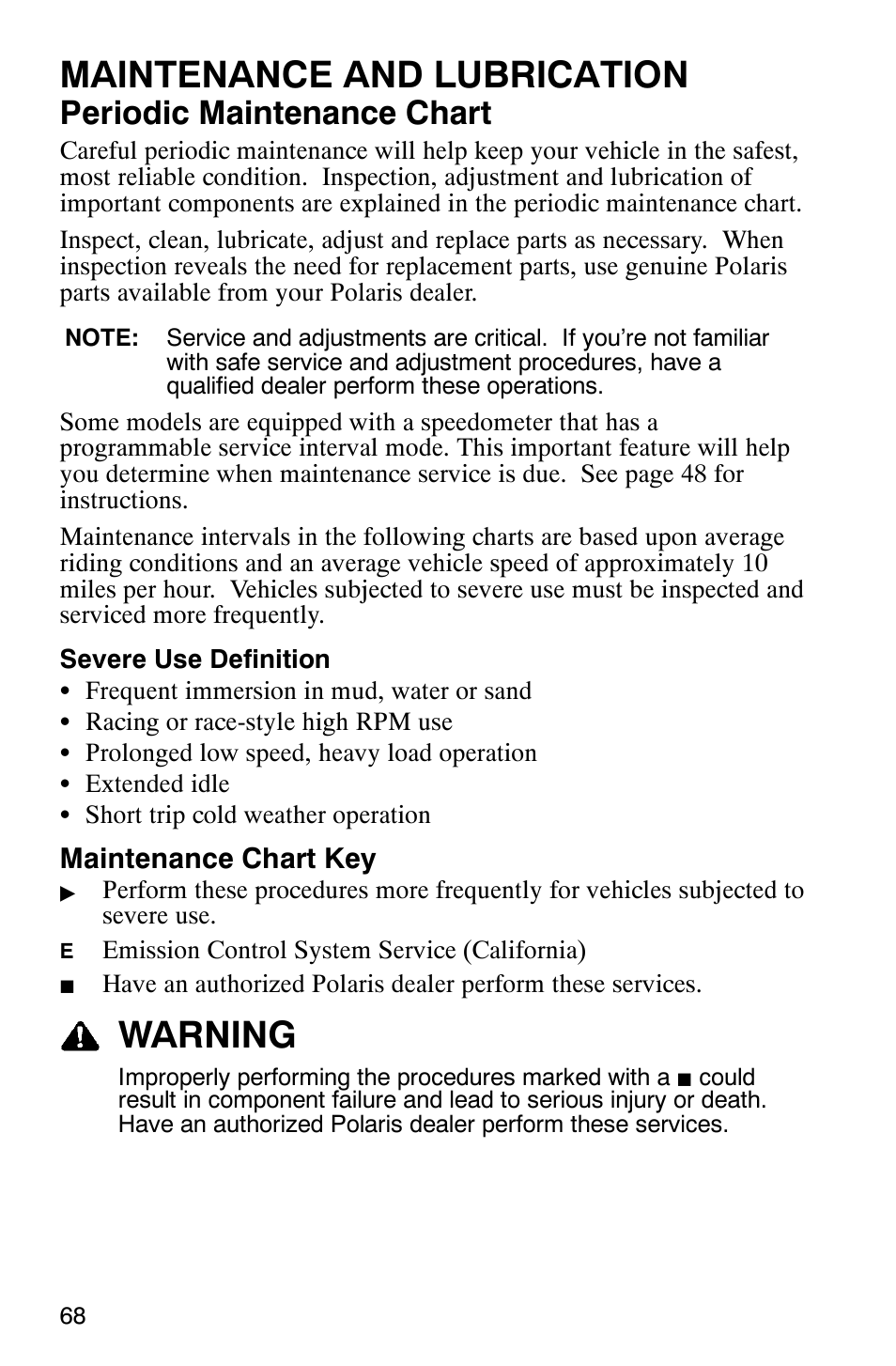 Maintenance and lubrication, Warning, Periodic maintenance chart | Polaris Magnum 330 2x4 User Manual | Page 71 / 126