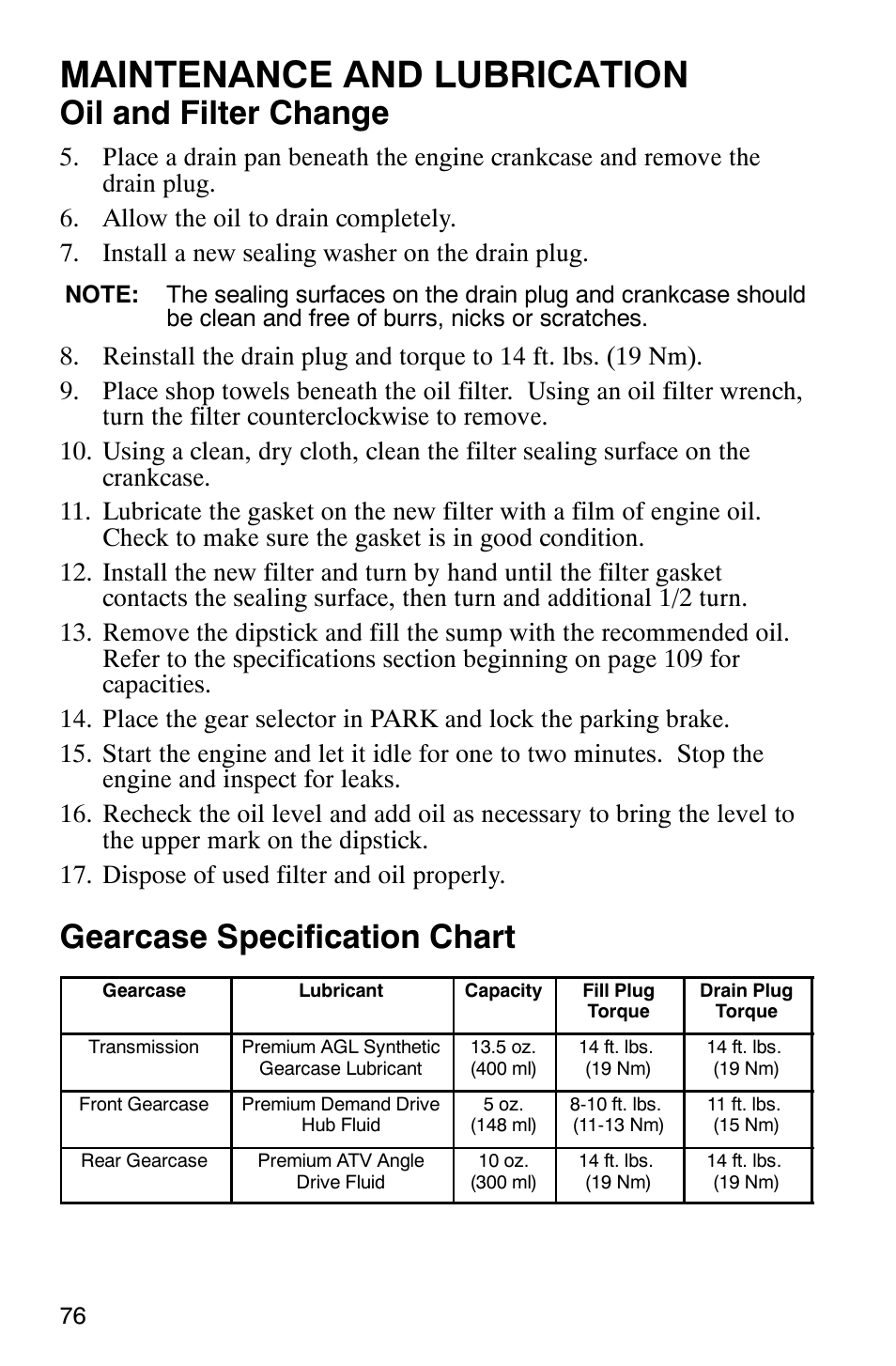 Maintenance and lubrication, Oil and filter change, Gearcase specification chart | Polaris Magnum 330 2x4 User Manual | Page 79 / 126