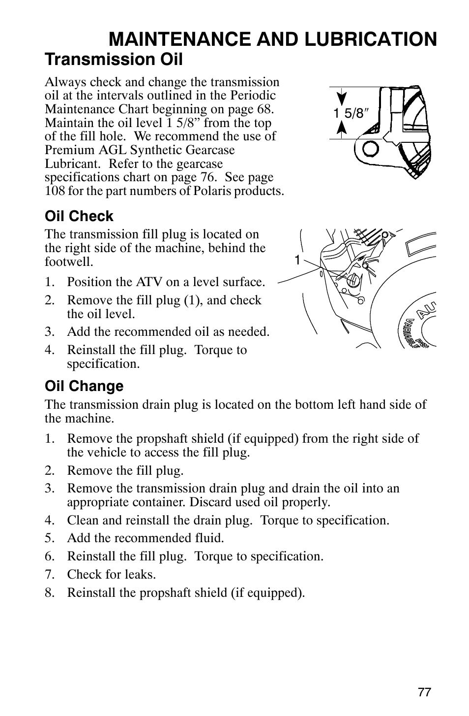 Maintenance and lubrication, Transmission oil | Polaris Magnum 330 2x4 User Manual | Page 80 / 126