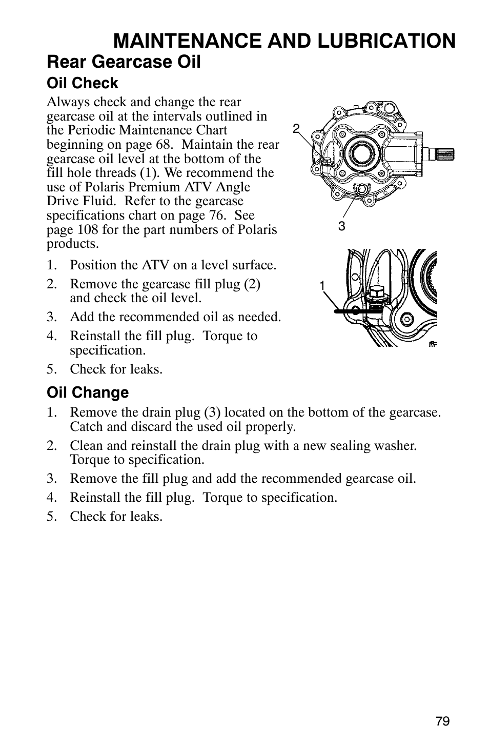 Maintenance and lubrication, Rear gearcase oil | Polaris Magnum 330 2x4 User Manual | Page 82 / 126