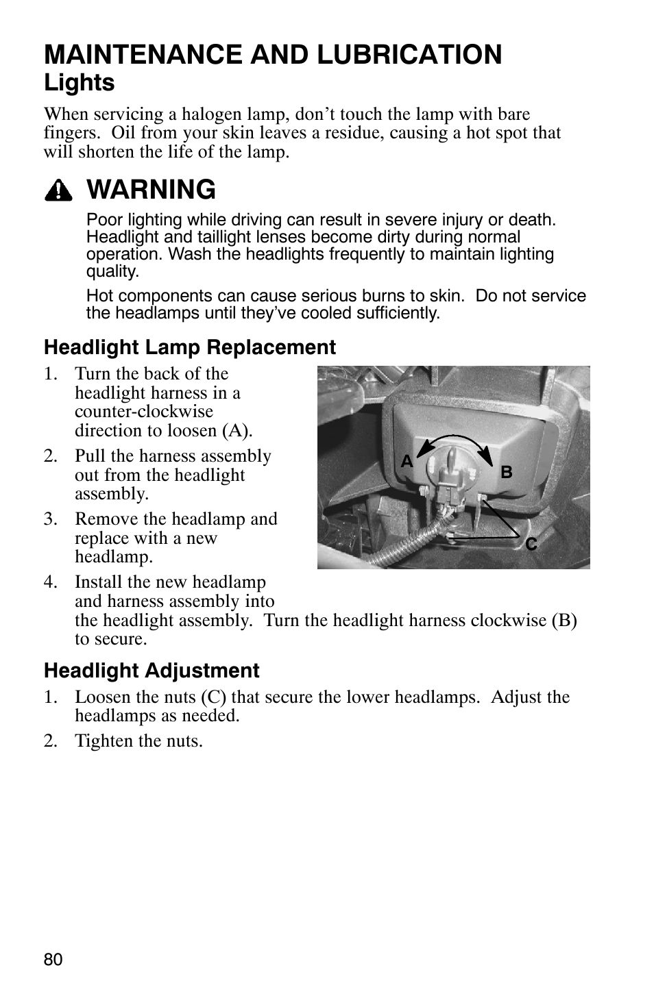 Maintenance and lubrication, Warning, Lights | Polaris Magnum 330 2x4 User Manual | Page 83 / 126