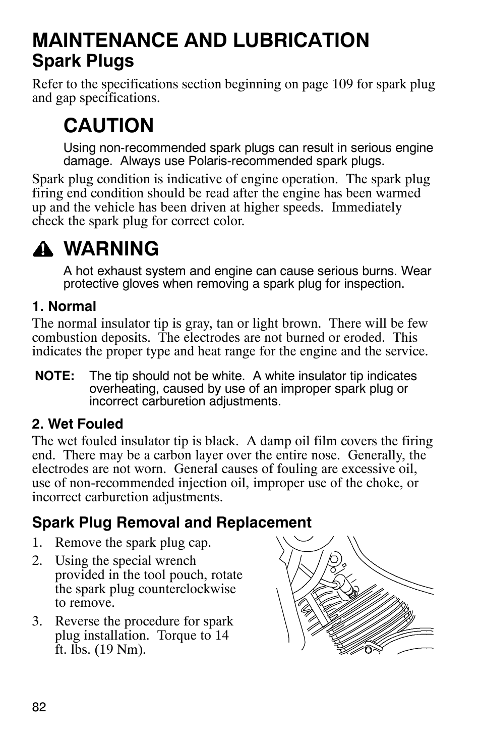 Maintenance and lubrication, Caution, Warning | Spark plugs | Polaris Magnum 330 2x4 User Manual | Page 85 / 126
