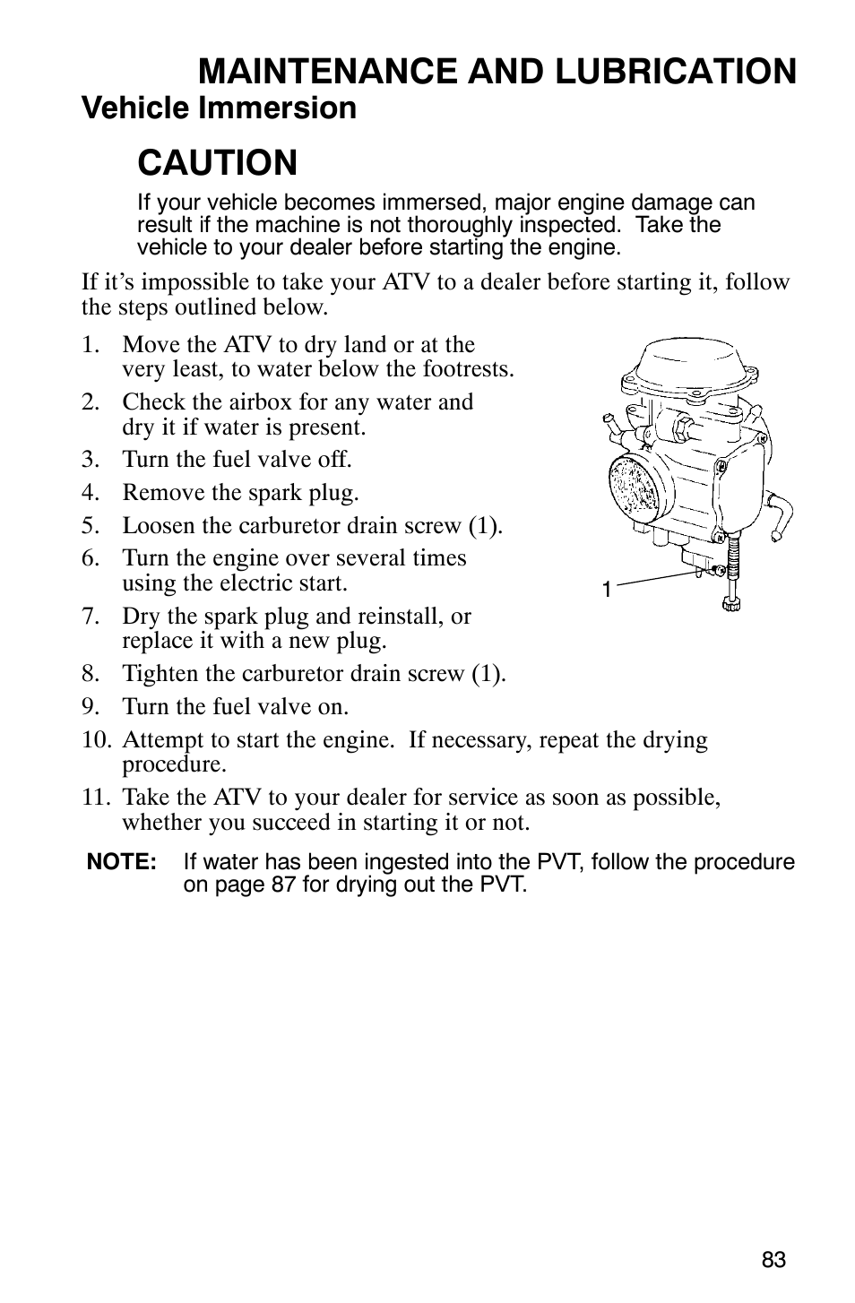 Maintenance and lubrication, Caution, Vehicle immersion | Polaris Magnum 330 2x4 User Manual | Page 86 / 126