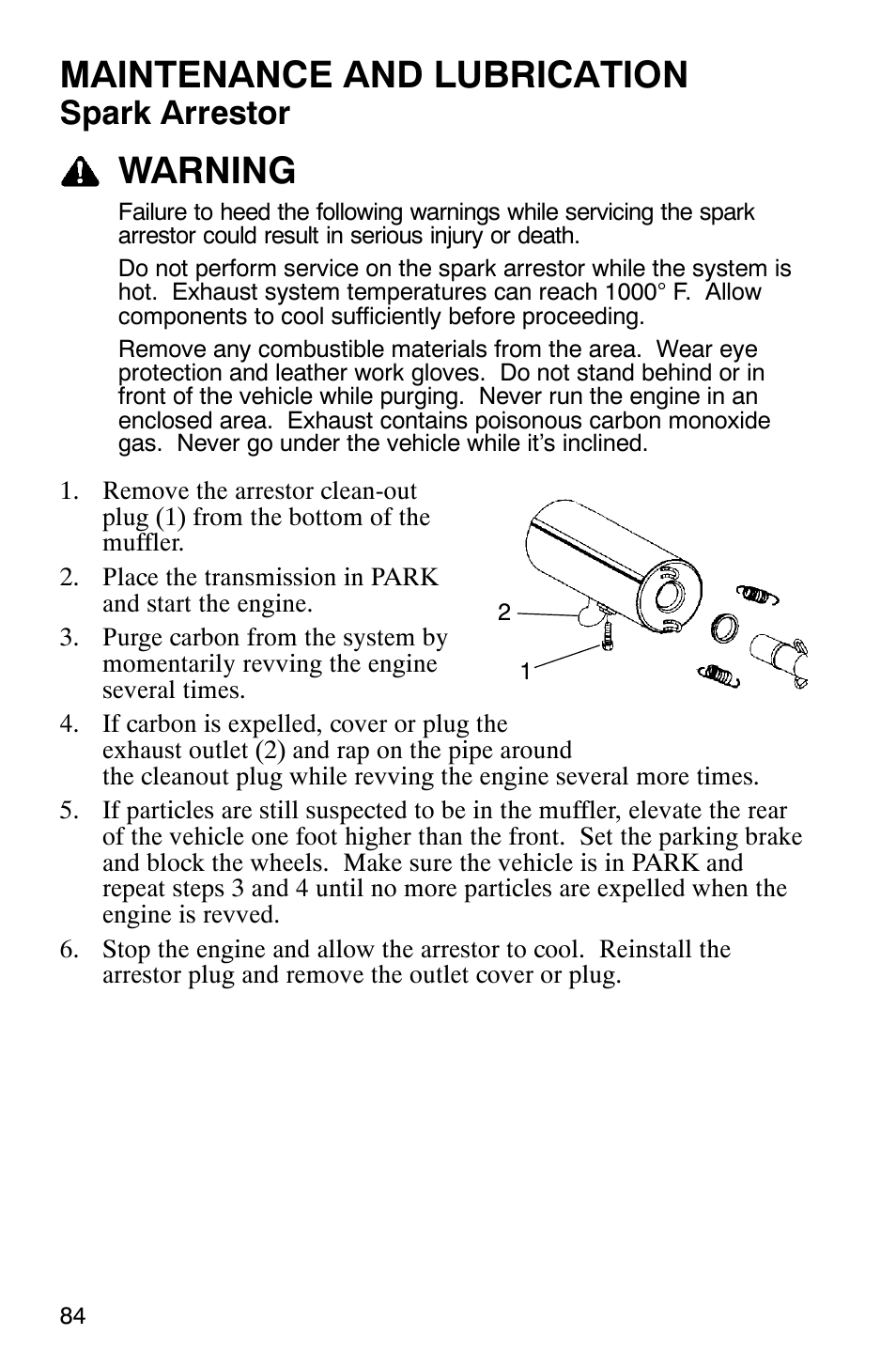 Maintenance and lubrication, Warning, Spark arrestor | Polaris Magnum 330 2x4 User Manual | Page 87 / 126