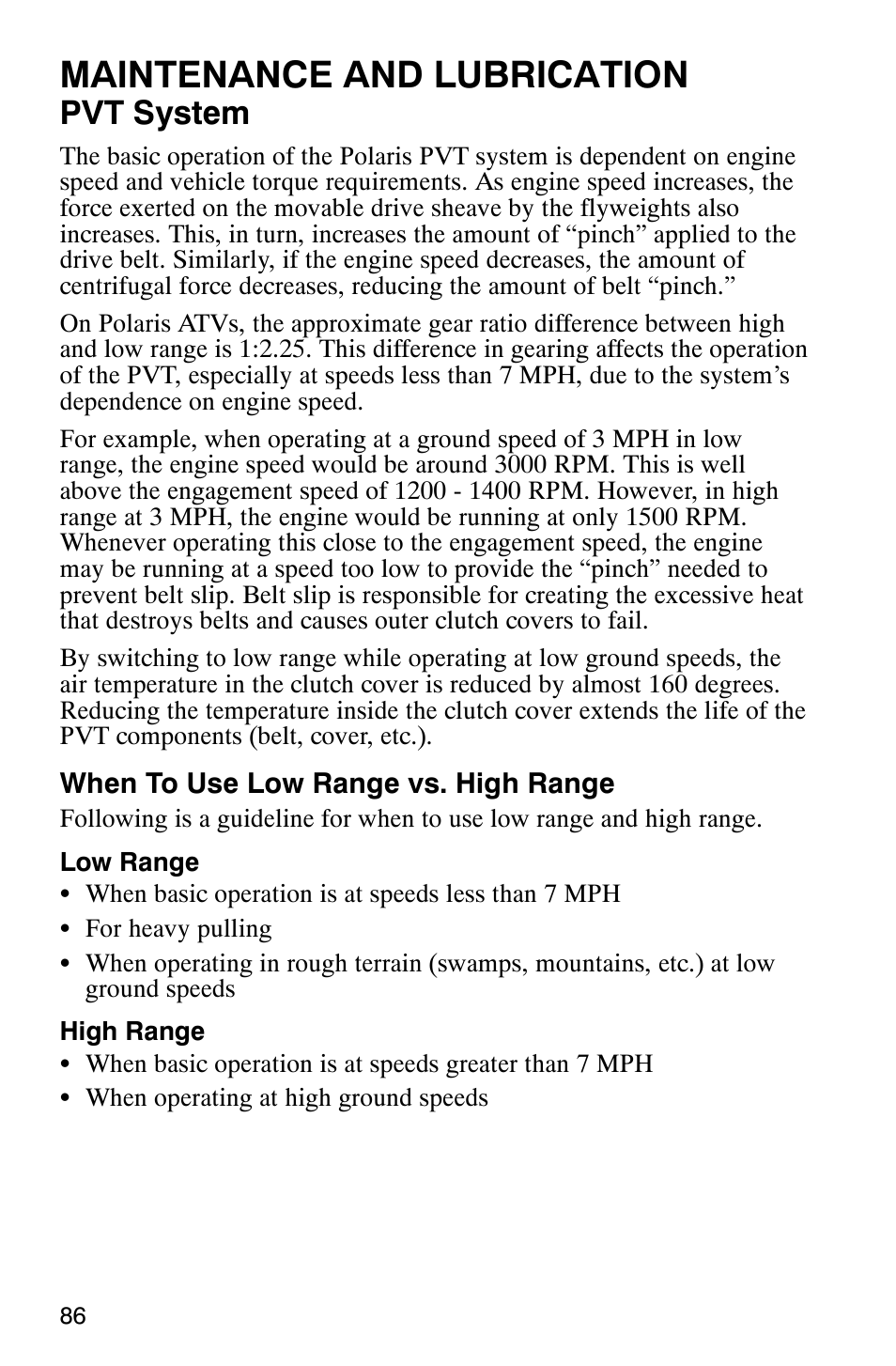 Maintenance and lubrication, Pvt system | Polaris Magnum 330 2x4 User Manual | Page 89 / 126