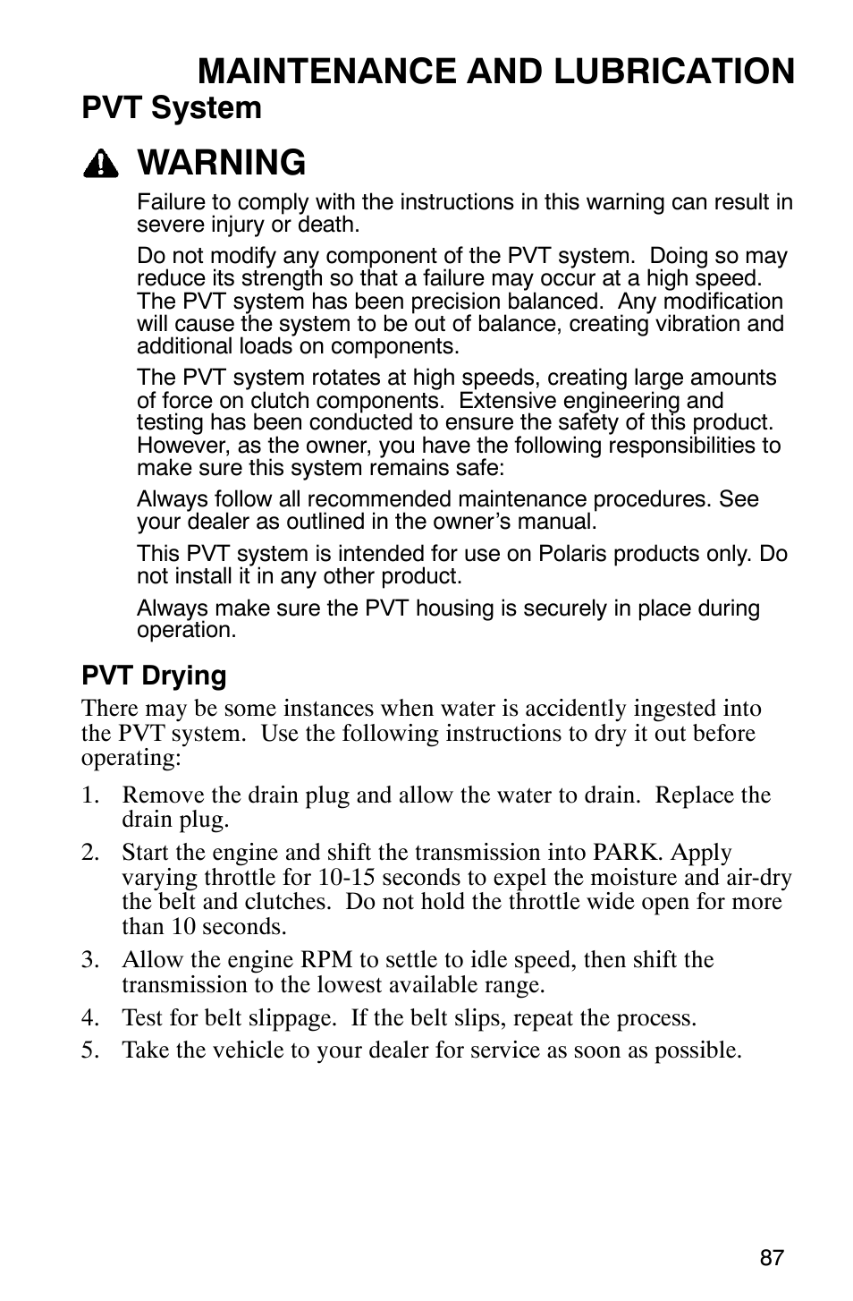 Maintenance and lubrication, Warning, Pvt system | Polaris Magnum 330 2x4 User Manual | Page 90 / 126