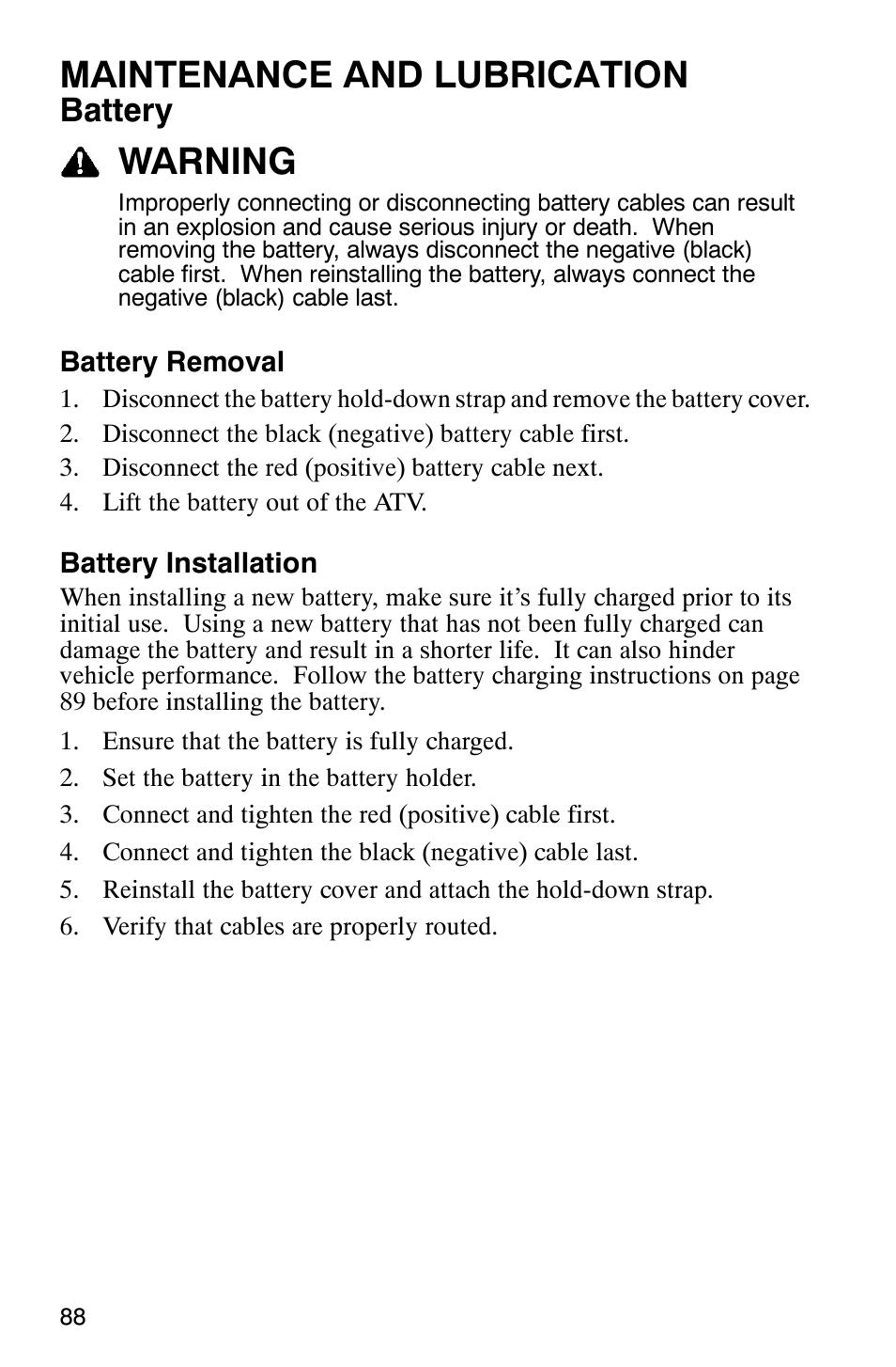 Maintenance and lubrication, Warning, Battery | Polaris Magnum 330 2x4 User Manual | Page 91 / 126