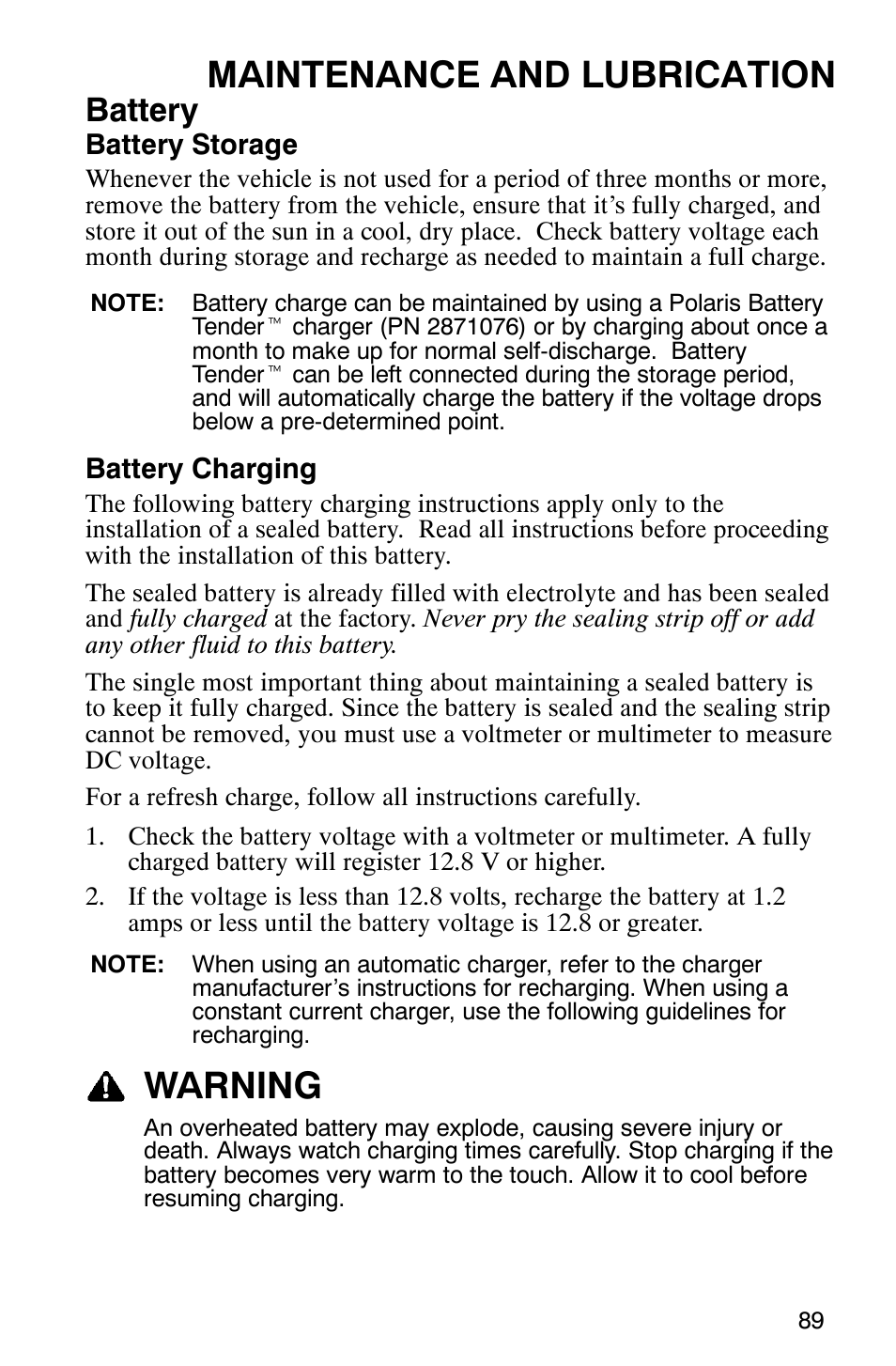 Maintenance and lubrication, Warning, Battery | Polaris Magnum 330 2x4 User Manual | Page 92 / 126