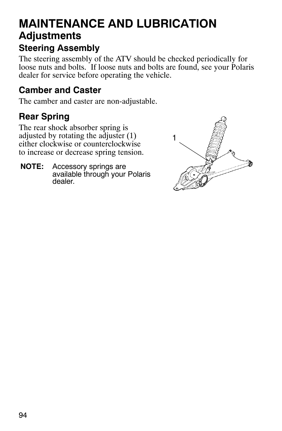 Maintenance and lubrication, Adjustments | Polaris Magnum 330 2x4 User Manual | Page 97 / 126