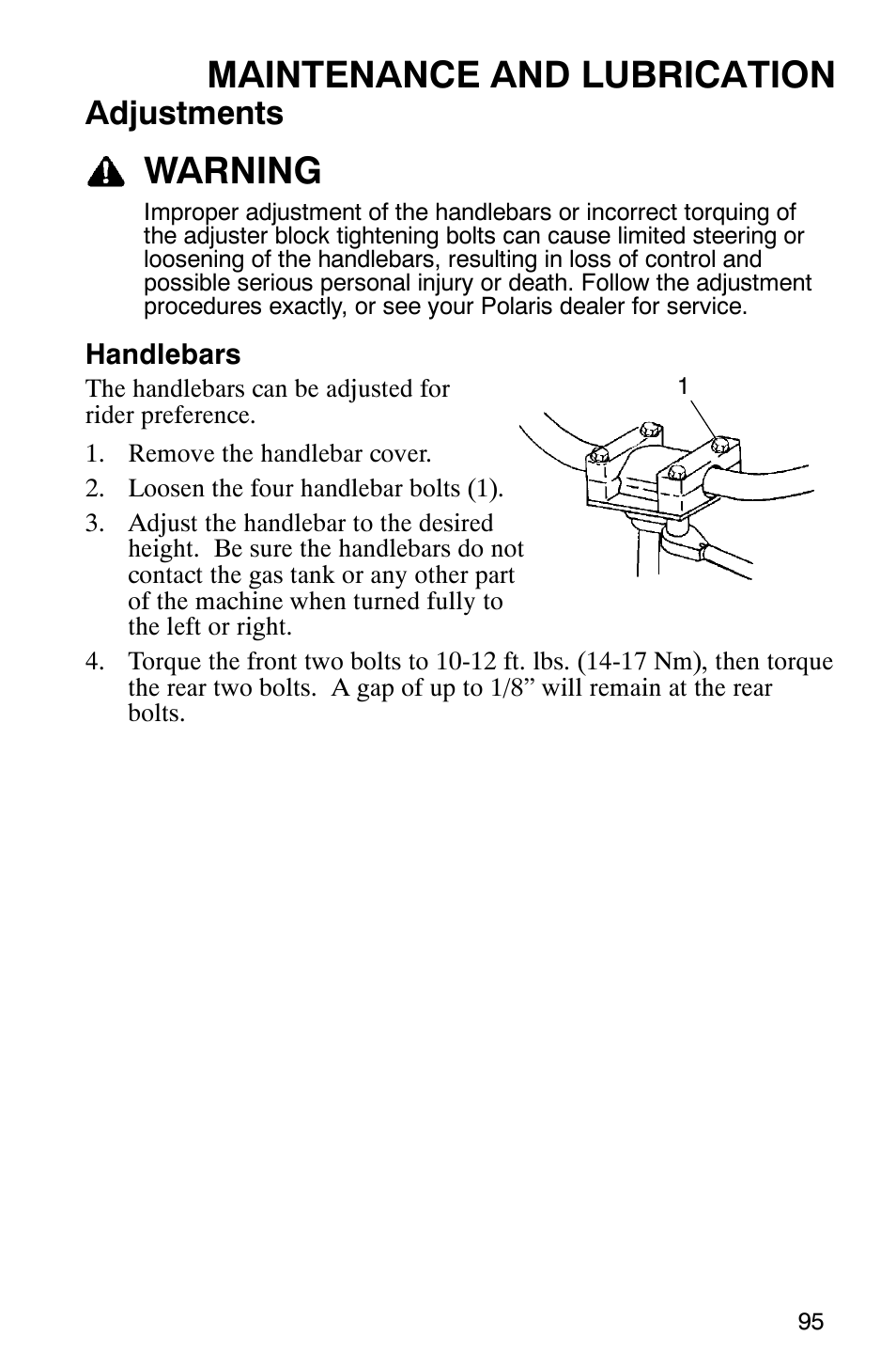 Maintenance and lubrication, Warning, Adjustments | Polaris Magnum 330 2x4 User Manual | Page 98 / 126