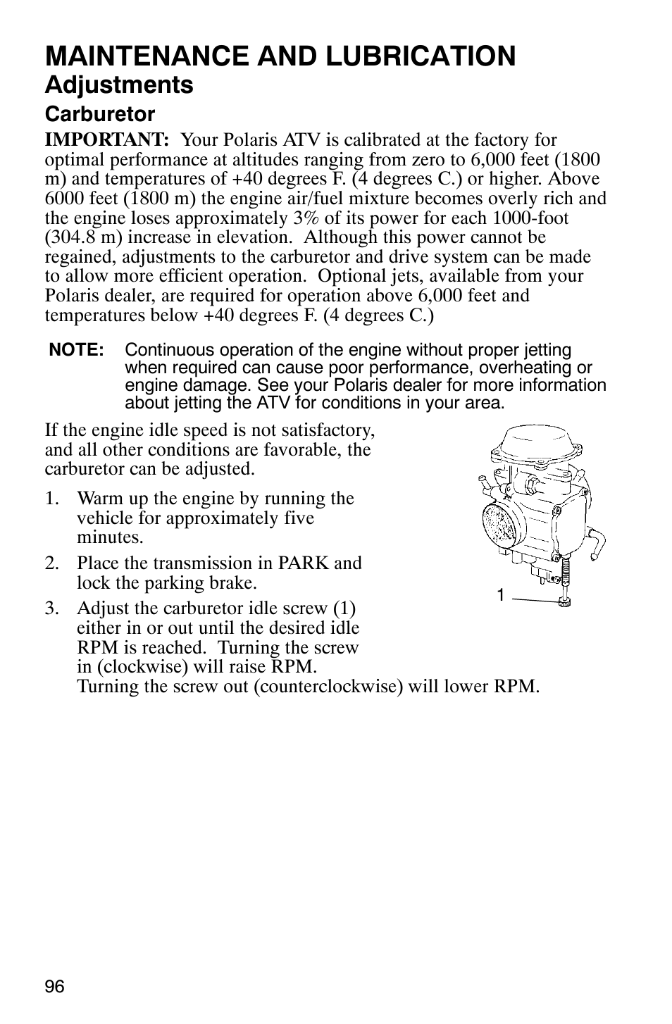 Maintenance and lubrication, Adjustments | Polaris Magnum 330 2x4 User Manual | Page 99 / 126