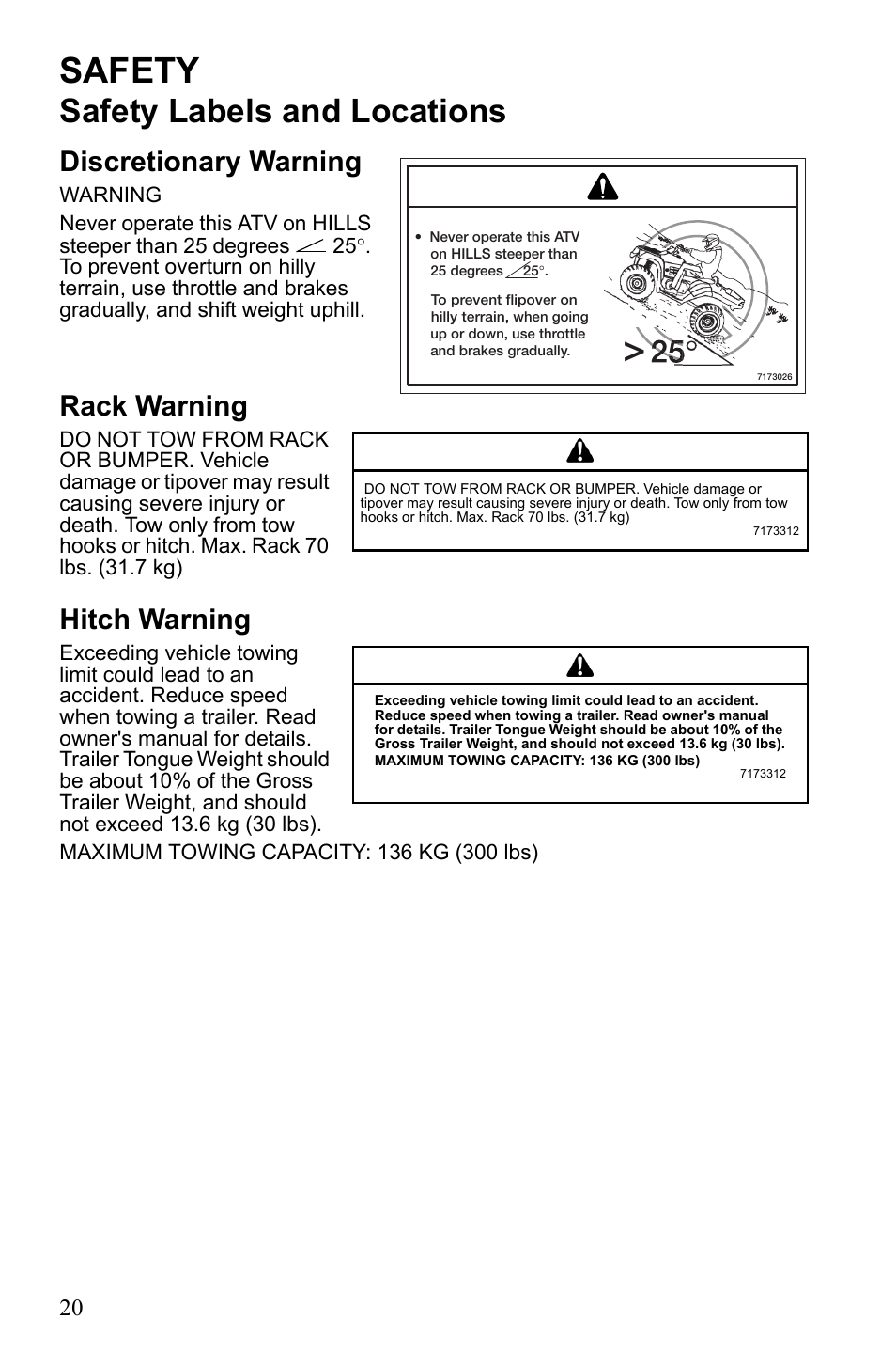 Safety, Safety labels and locations, Discretionary warning | Rack warning, Hitch warning | Polaris Phoenix 9922500 User Manual | Page 22 / 96