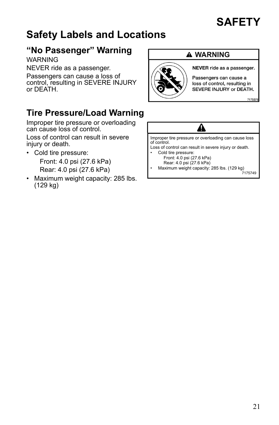 Safety, Safety labels and locations, No passenger” warning | Tire pressure/load warning | Polaris Phoenix 9922500 User Manual | Page 23 / 96