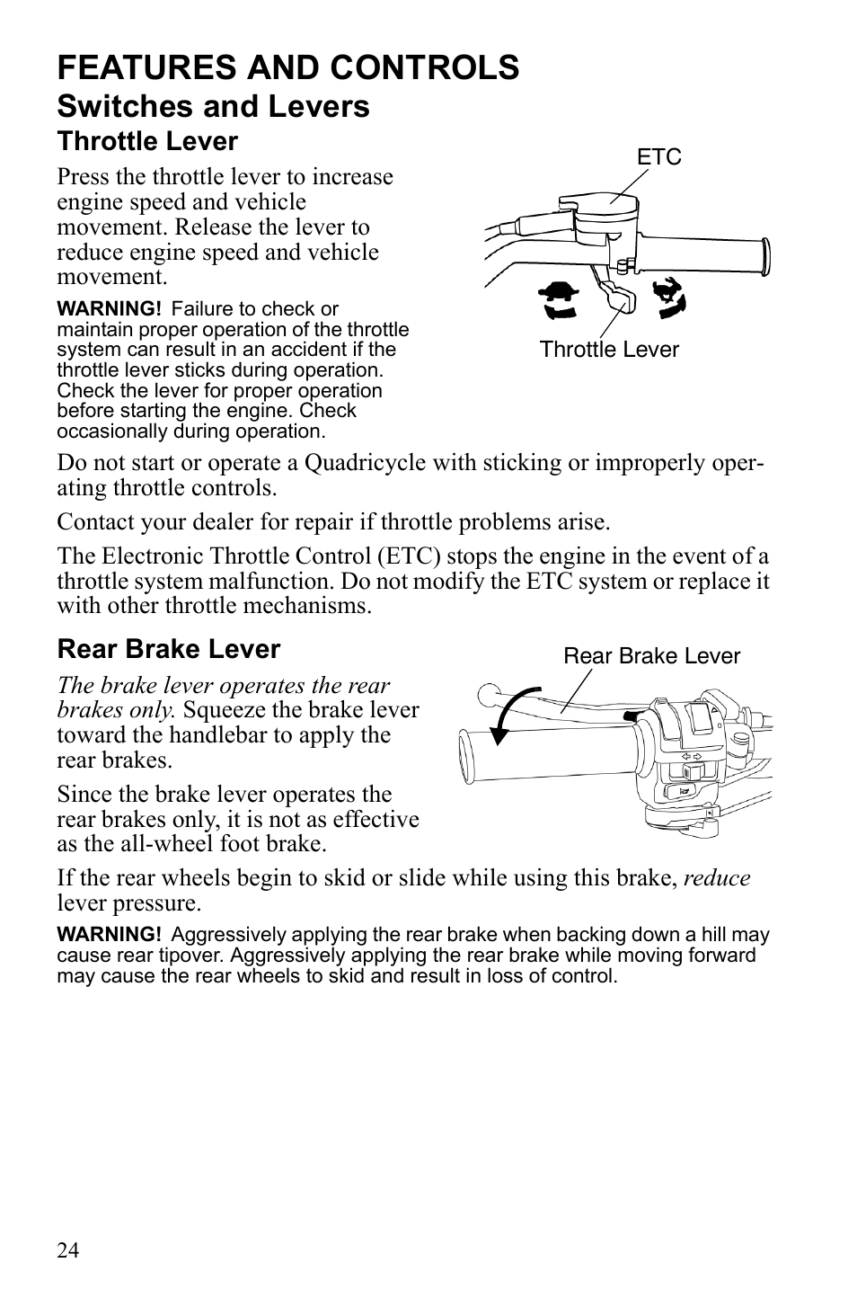 Features and controls, Switches and levers, Throttle lever | Rear brake lever | Polaris Phoenix 9922500 User Manual | Page 26 / 96