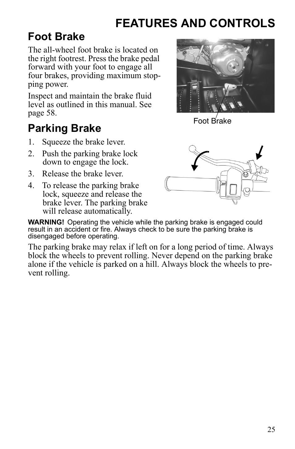 Features and controls, Foot brake, Parking brake | Polaris Phoenix 9922500 User Manual | Page 27 / 96