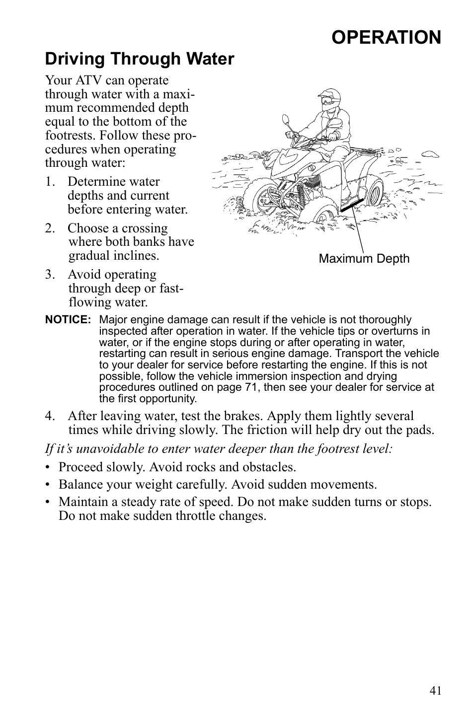 Operation, Driving through water | Polaris Phoenix 9922500 User Manual | Page 43 / 96