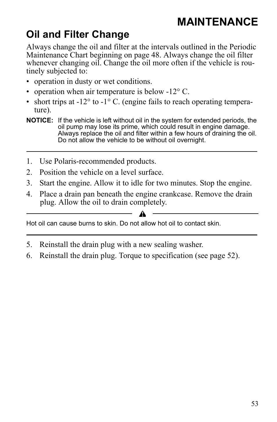 Maintenance, Oil and filter change | Polaris Phoenix 9922500 User Manual | Page 55 / 96