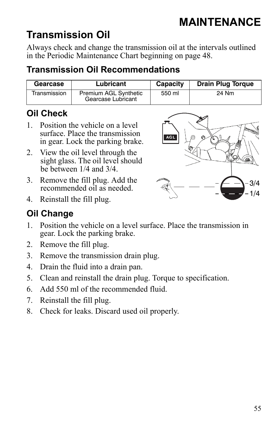 Maintenance, Transmission oil, Transmission oil recommendations oil check | Oil change | Polaris Phoenix 9922500 User Manual | Page 57 / 96