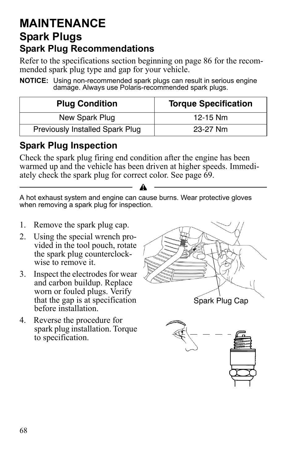 Maintenance, Spark plugs | Polaris Phoenix 9922500 User Manual | Page 70 / 96