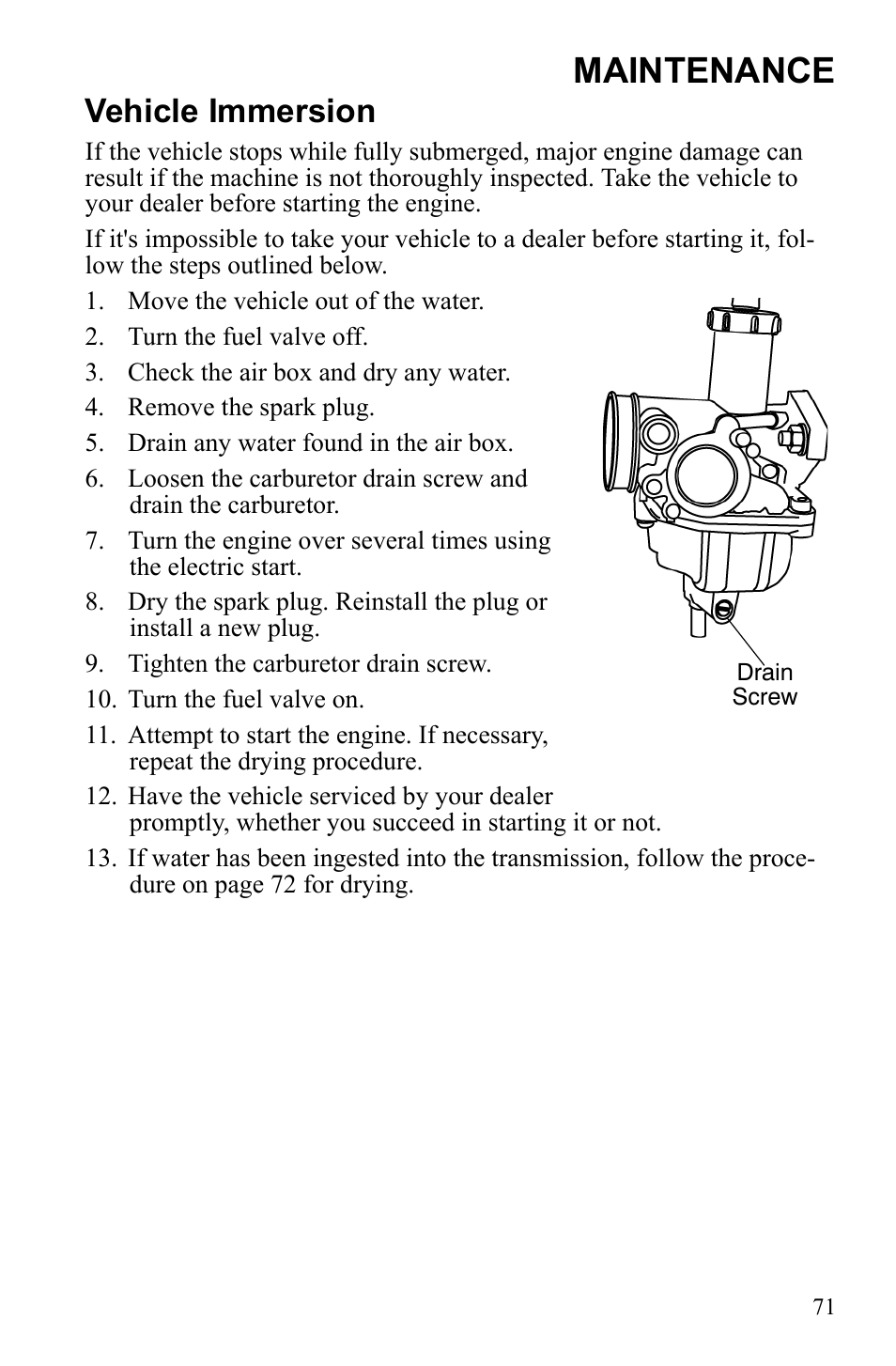 Maintenance, Vehicle immersion | Polaris Phoenix 9922500 User Manual | Page 73 / 96